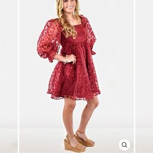 Entro Lace Puff Sleeve Dark PinkDress Size Small NWT
